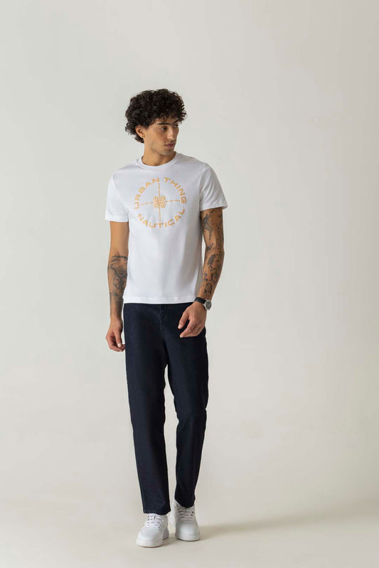 Mercerised Cotton White Nautical Crew Neck T-Shirt