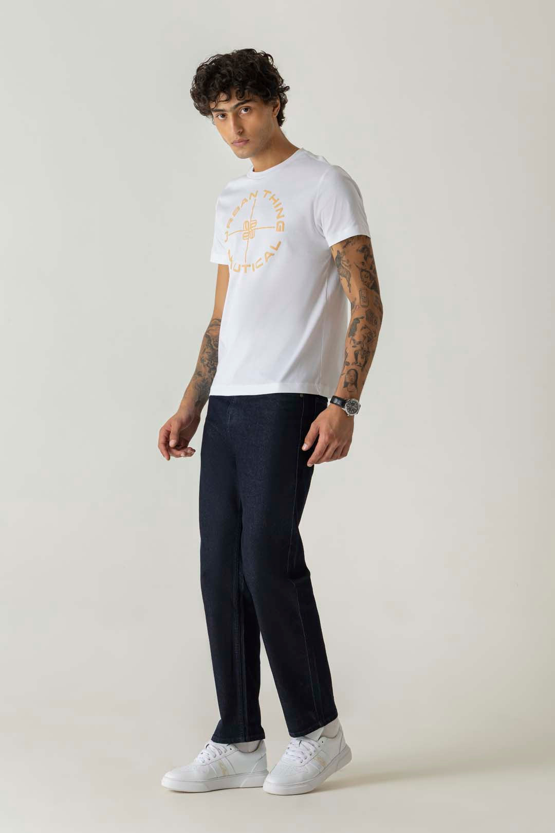 Mercerised Cotton White Nautical Crew Neck T-Shirt