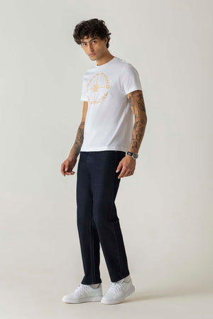 Mercerised Cotton White Nautical Crew Neck T-Shirt