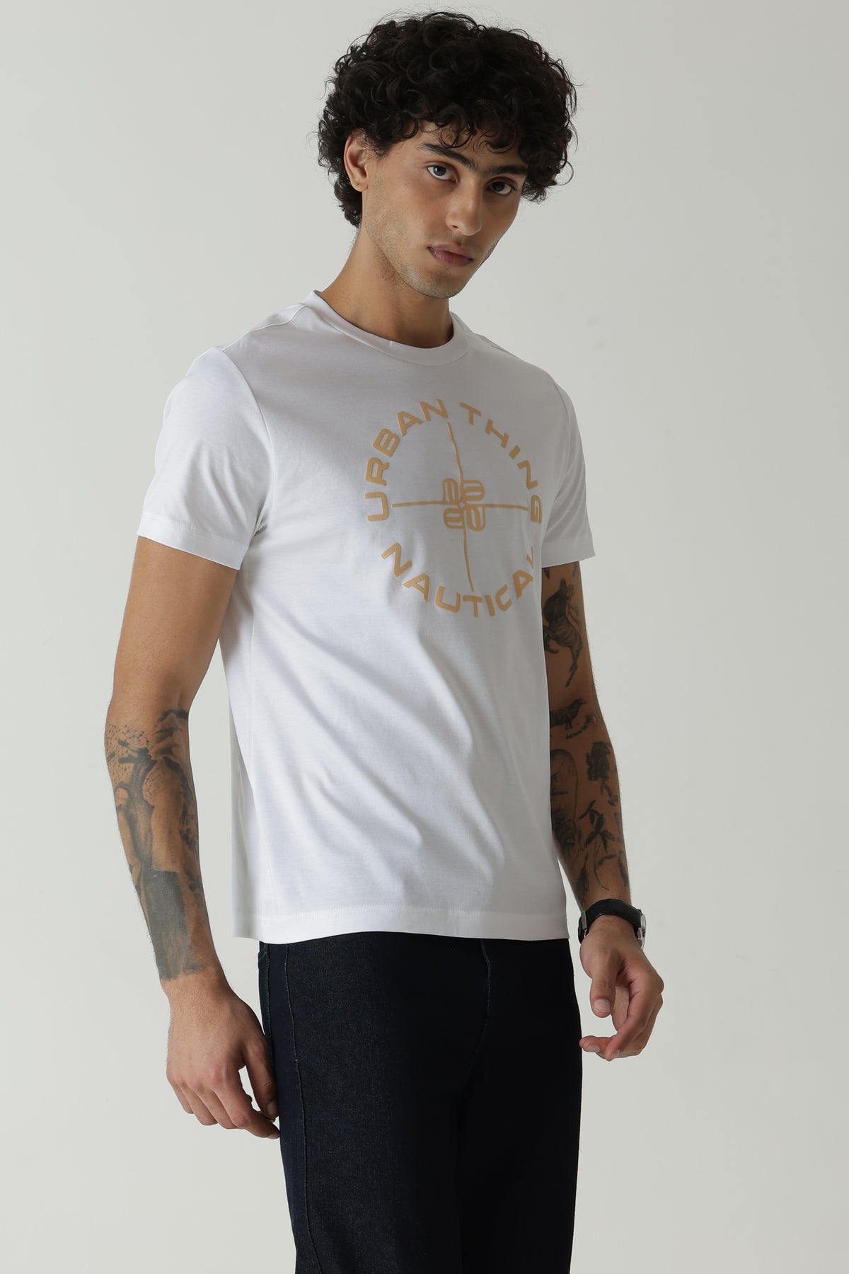 Mercerised Cotton White Nautical Crew Neck T-Shirt