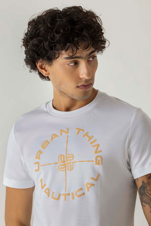 Mercerised Cotton White Nautical Crew Neck T-Shirt
