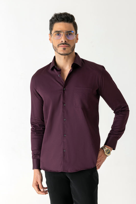 Cotton Wine Satin Finish Slim Fit Shirt