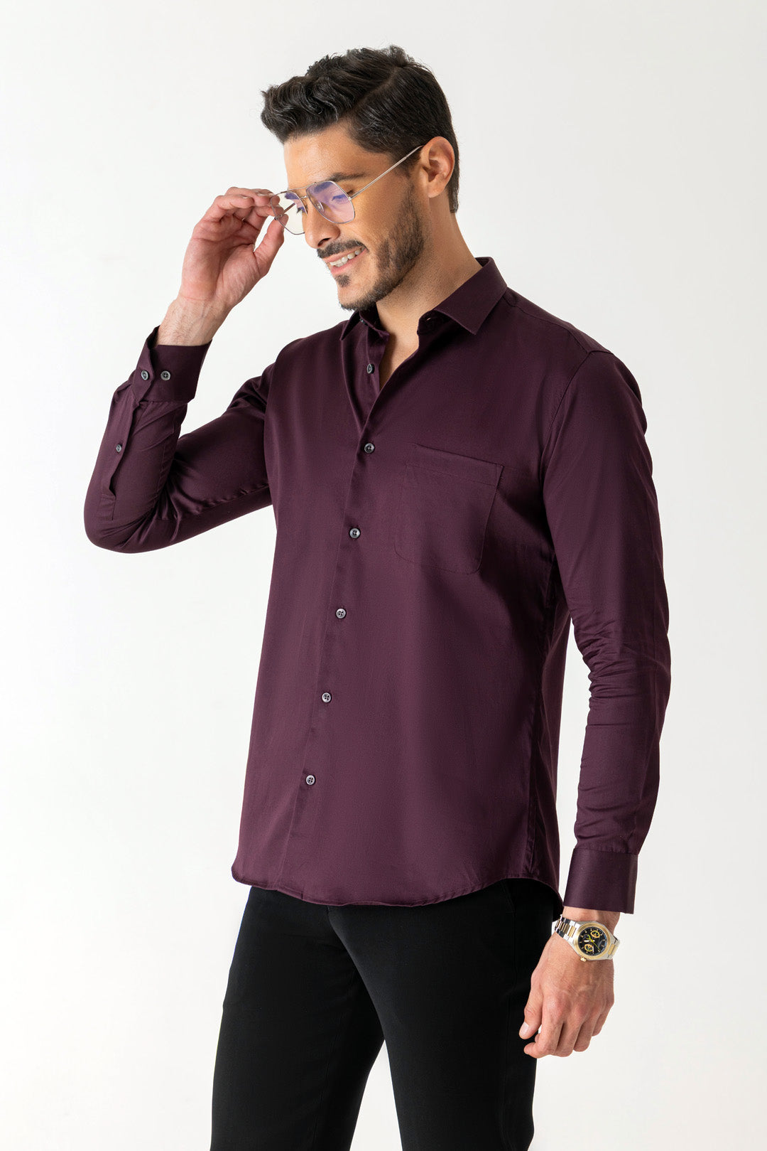 Cotton Wine Satin Finish Slim Fit Shirt