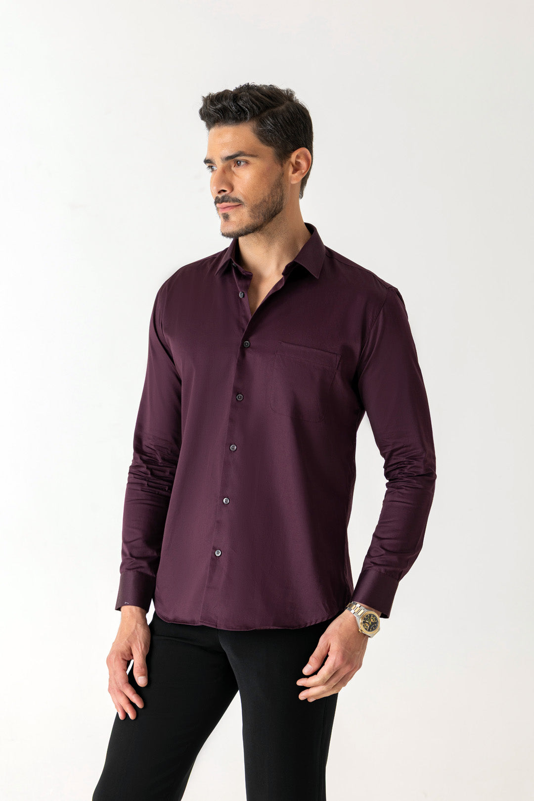 Cotton Wine Satin Finish Slim Fit Shirt