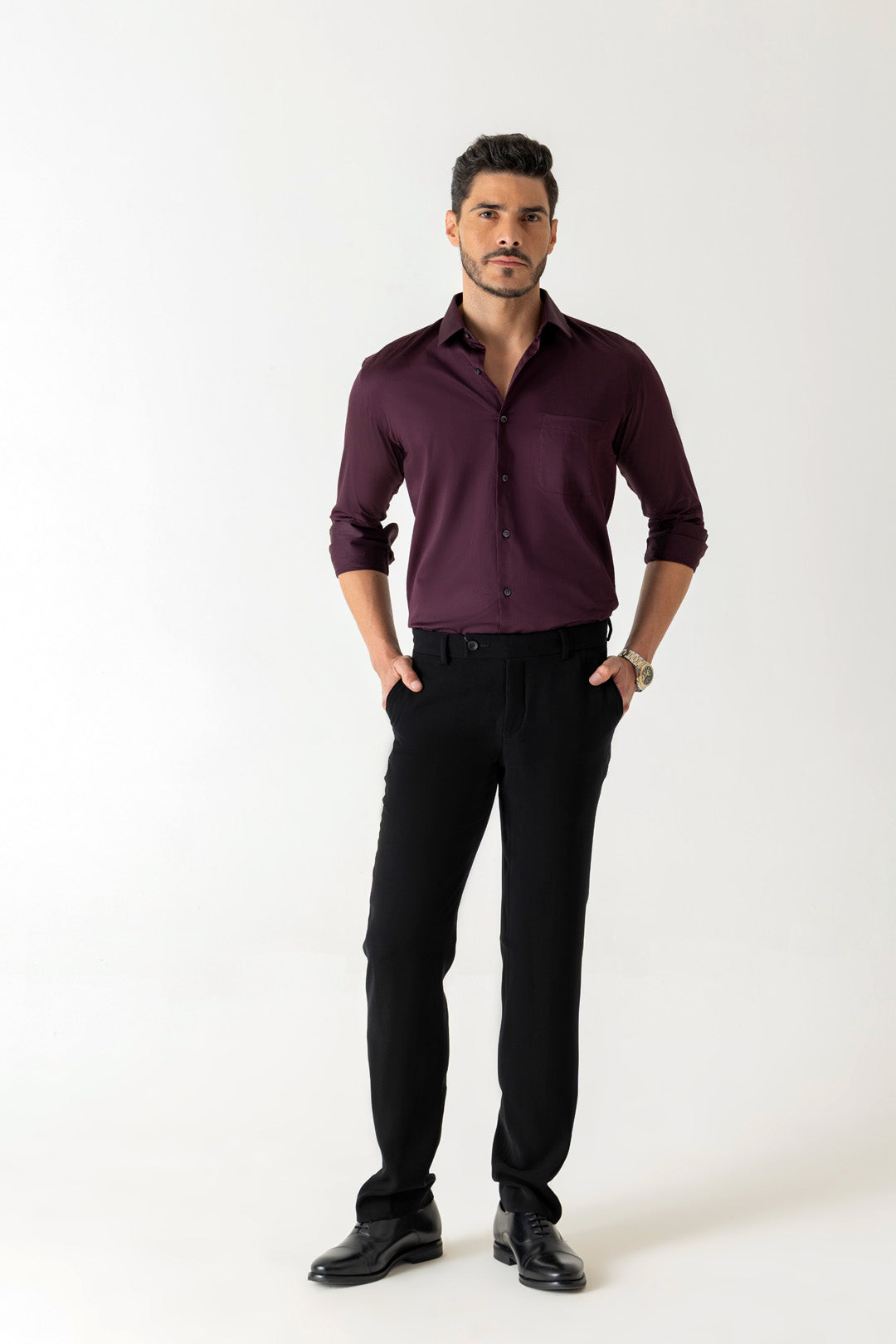 Cotton Wine Satin Finish Slim Fit Shirt
