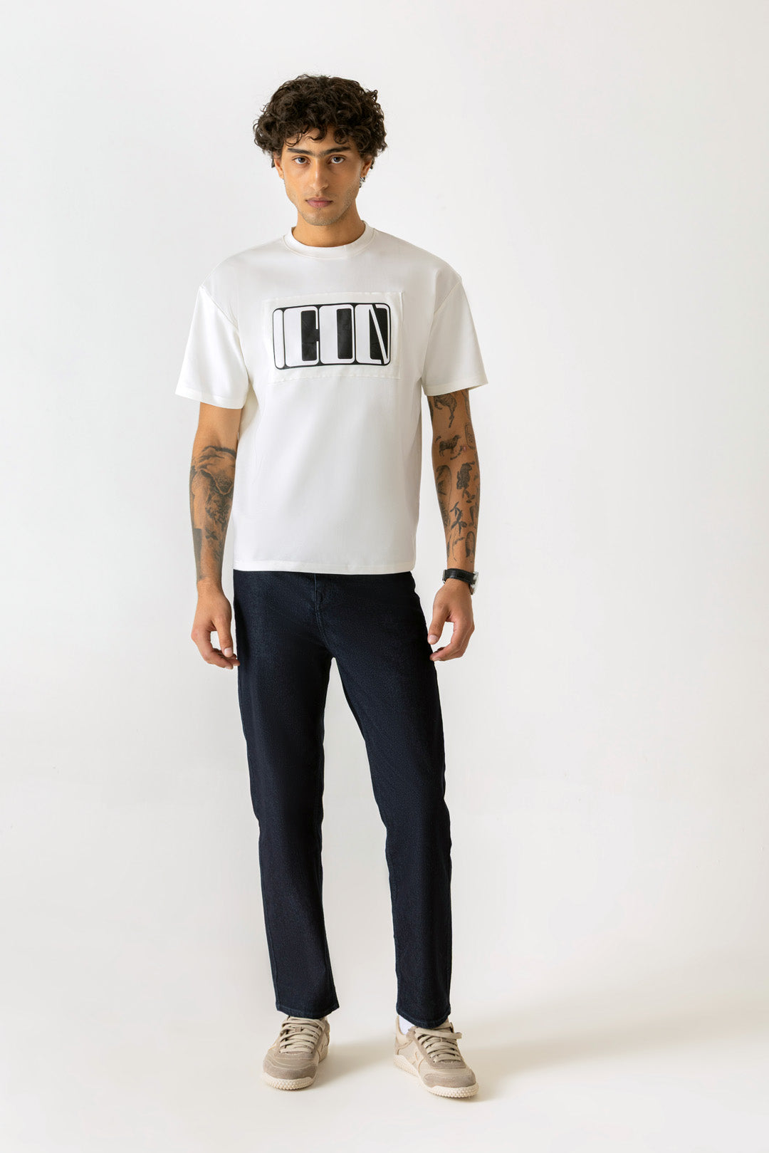 Icon HD Raised Print White Colour Crew Neck Oversized T-Shirt
