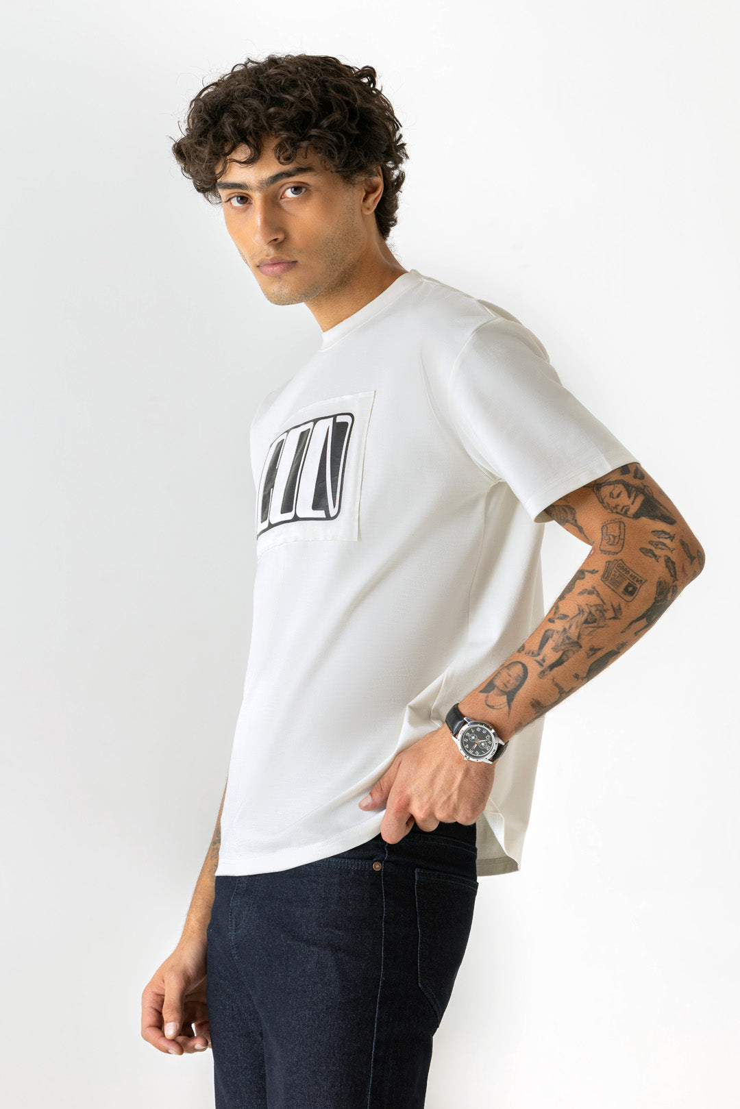 Icon HD Raised Print White Colour Crew Neck Oversized T-Shirt