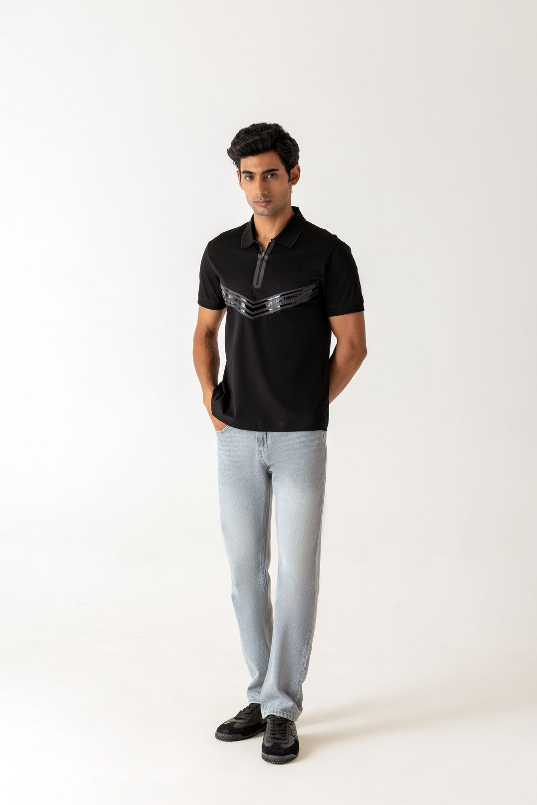 Zip Placket Chest Branding Black Colour Polo T-Shirt