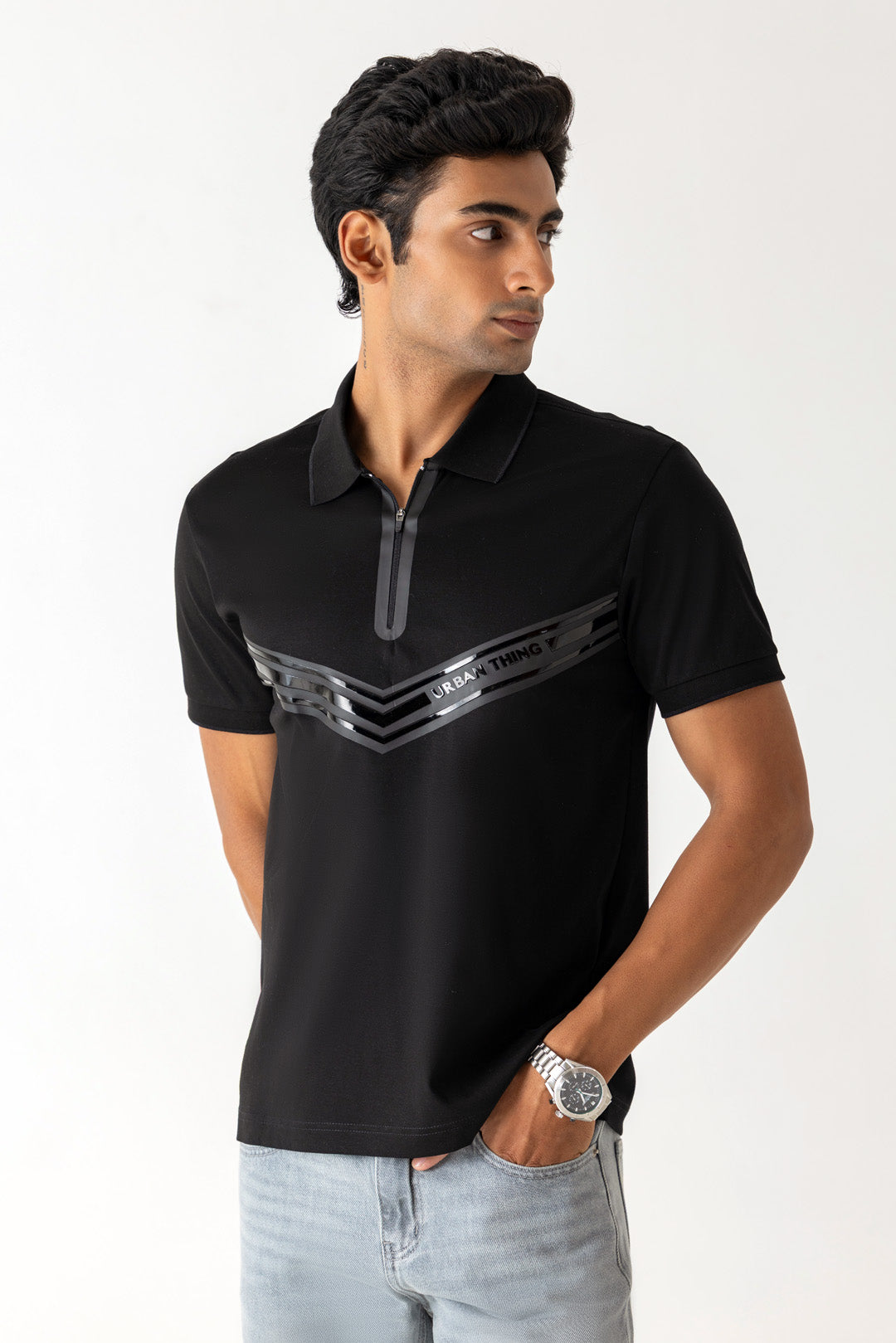 Zip Placket Chest Branding Black Colour Polo T-Shirt