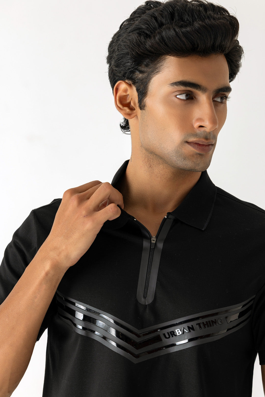 Zip Placket Chest Branding Black Colour Polo T-Shirt