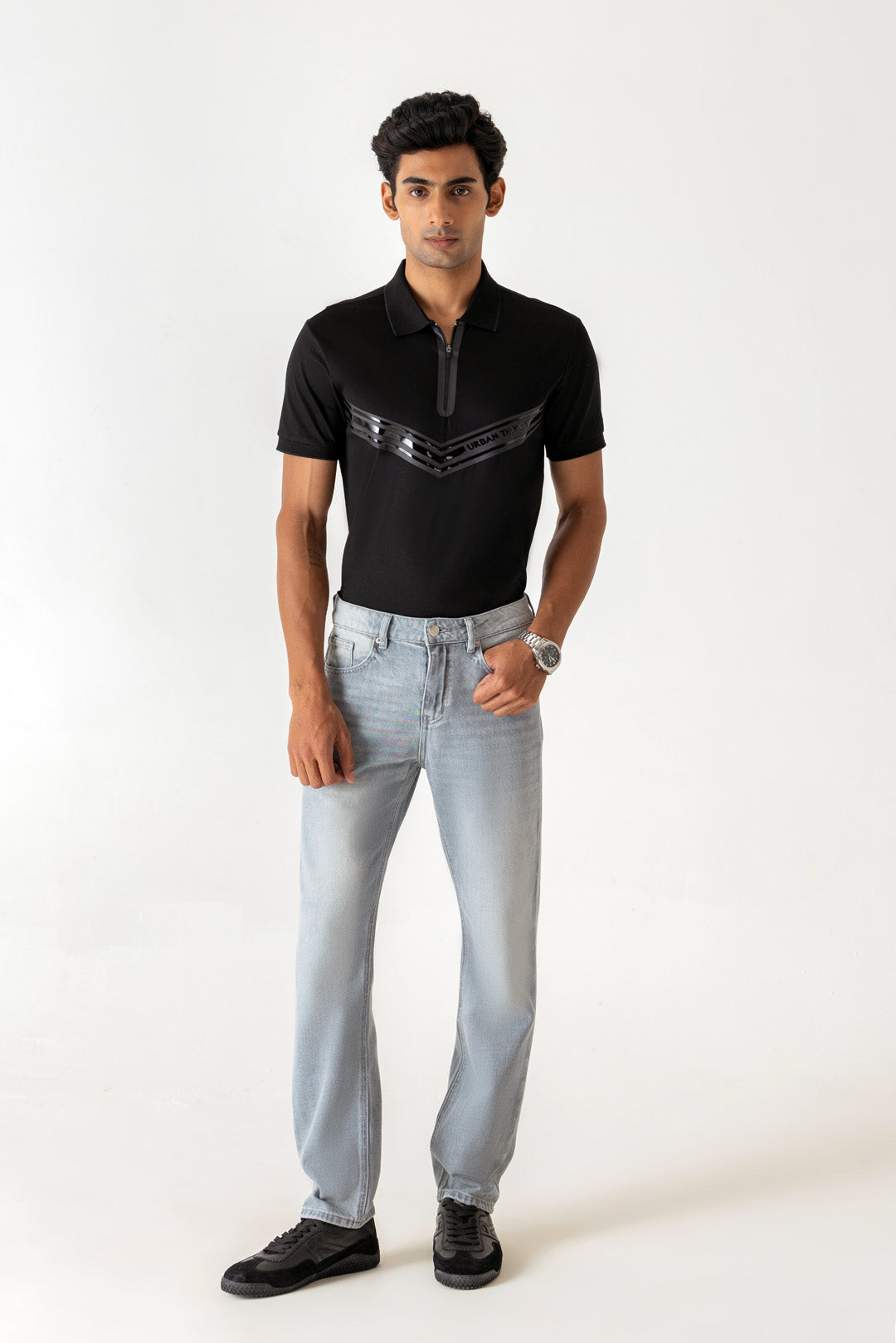 Five Pocket Ice Grey Tone Mature Wash Slim Straight Denim Jeans