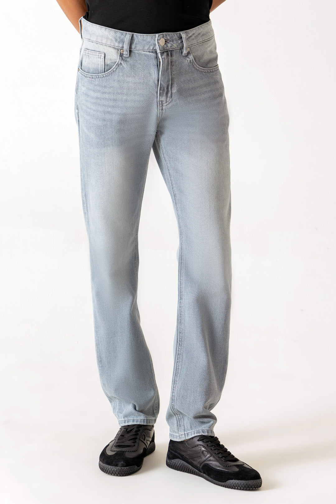 Five Pocket Ice Grey Tone Mature Wash Slim Straight Denim Jeans