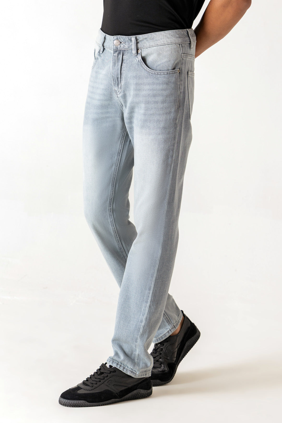 Five Pocket Ice Grey Tone Mature Wash Slim Straight Denim Jeans