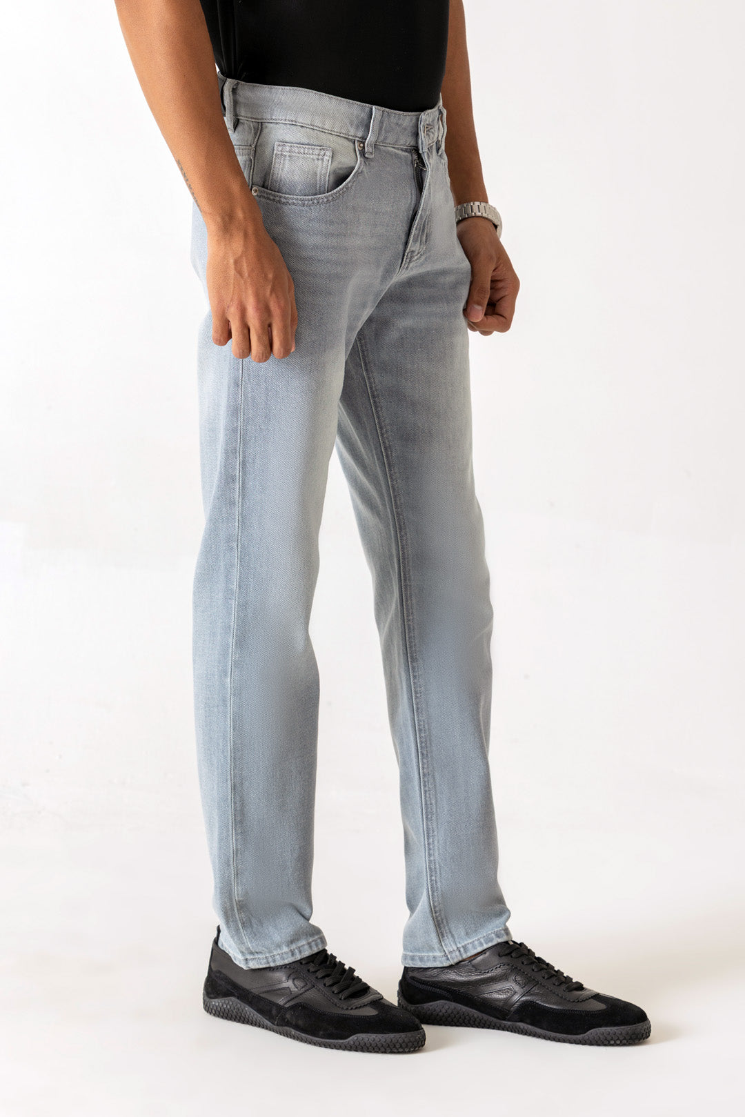 Five Pocket Ice Grey Tone Mature Wash Slim Straight Denim Jeans