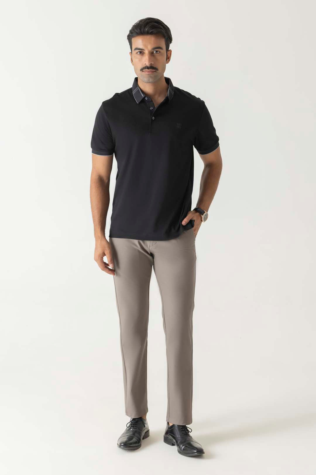 Tonal Embroidery Logo Classic Check Collar Black Colour Polo T-Shirt