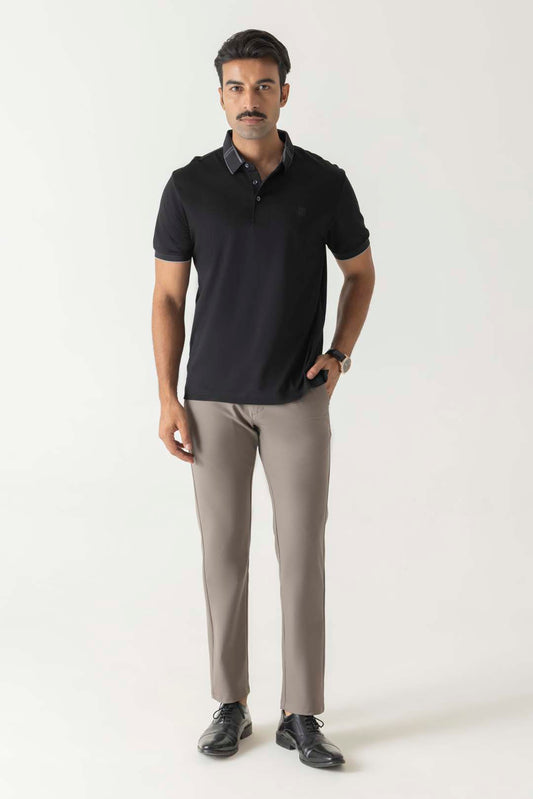 Tonal Embroidery Logo Classic Check Collar Black Colour Polo T-Shirt