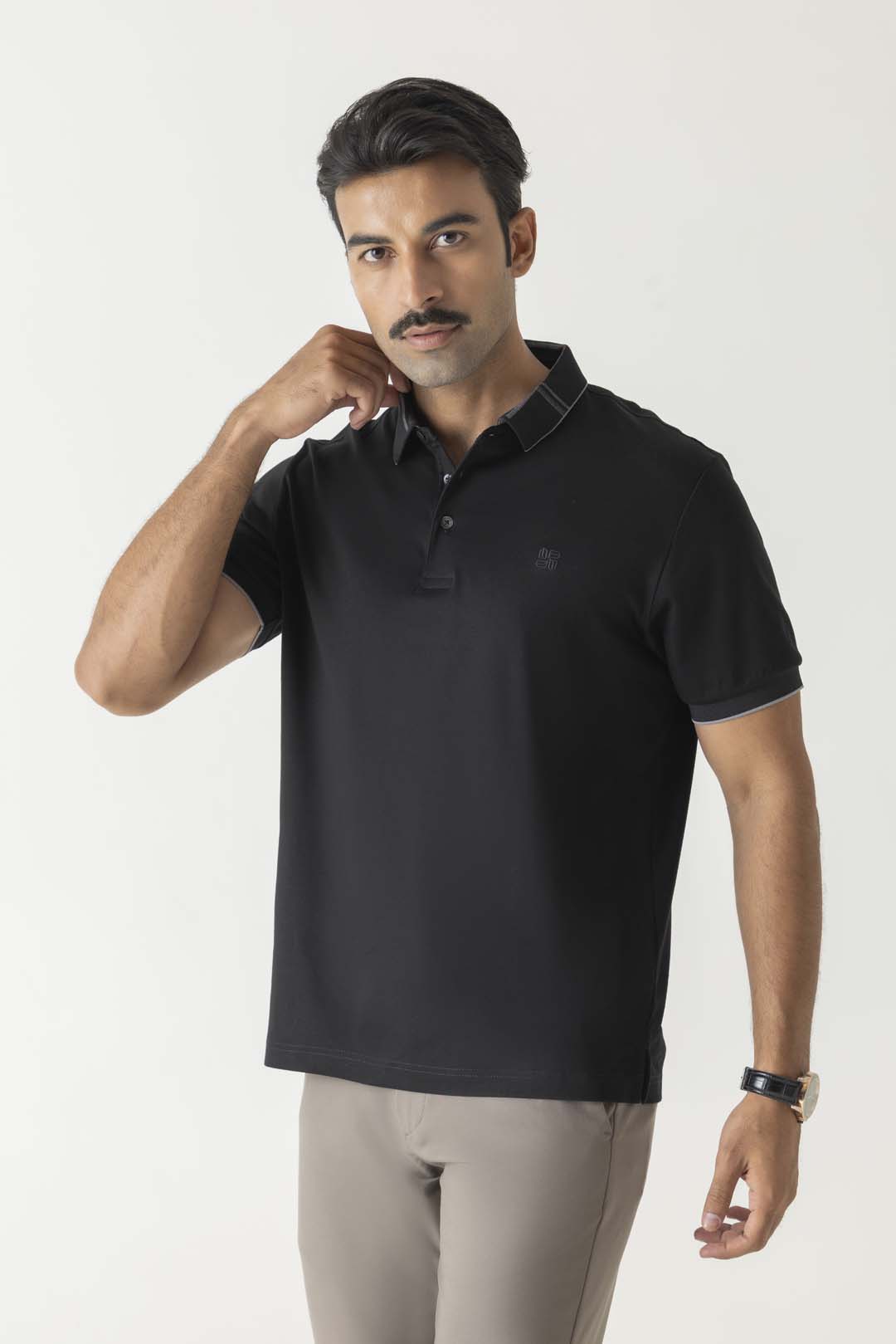 Tonal Embroidery Logo Classic Check Collar Black Colour Polo T-Shirt