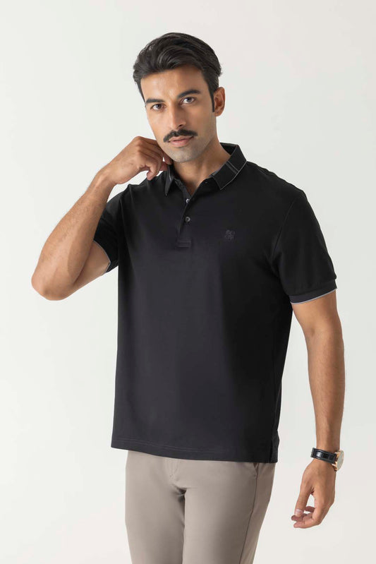 Tonal Embroidery Logo Classic Check Collar Black Colour Polo T-Shirt