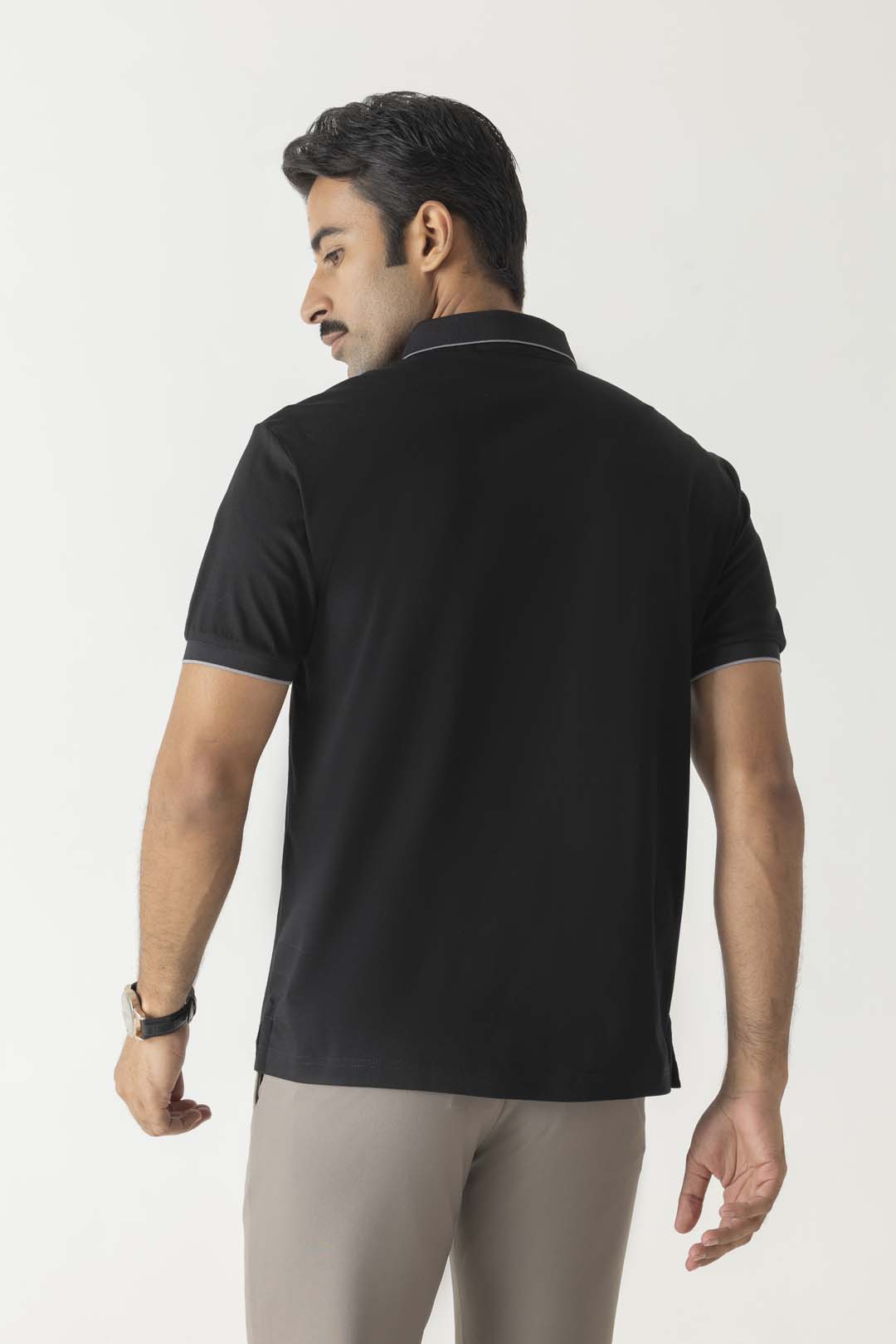 Tonal Embroidery Logo Classic Check Collar Black Colour Polo T-Shirt
