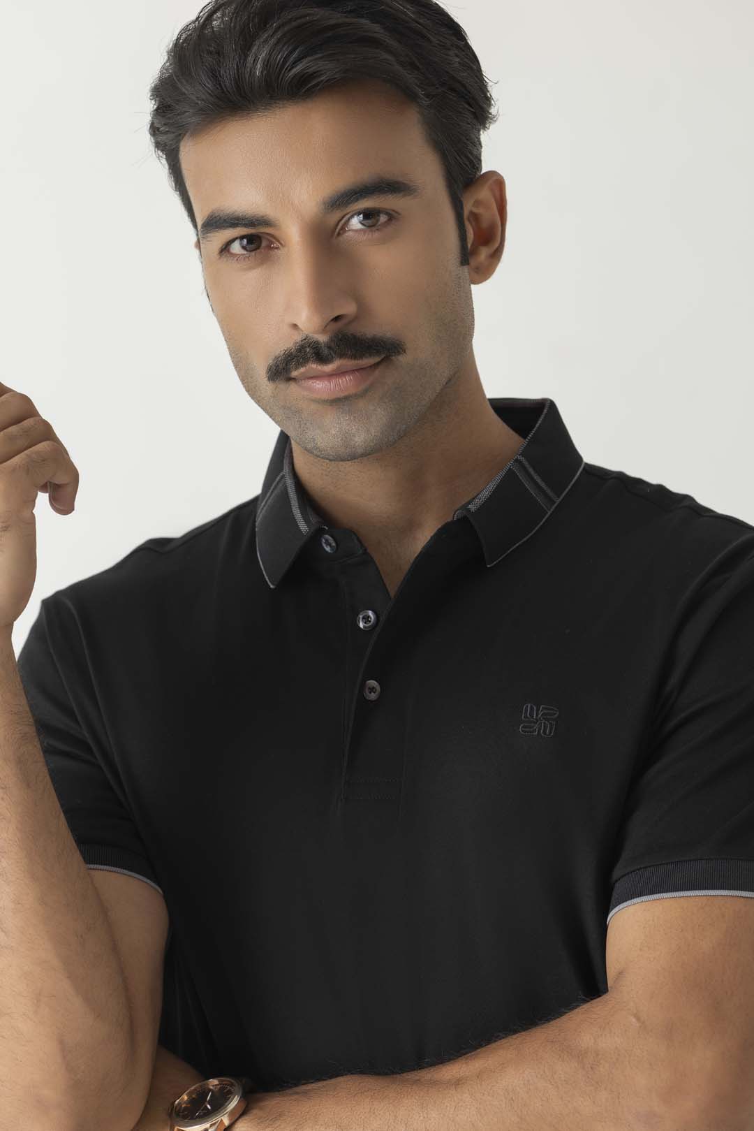 Tonal Embroidery Logo Classic Check Collar Black Colour Polo T-Shirt