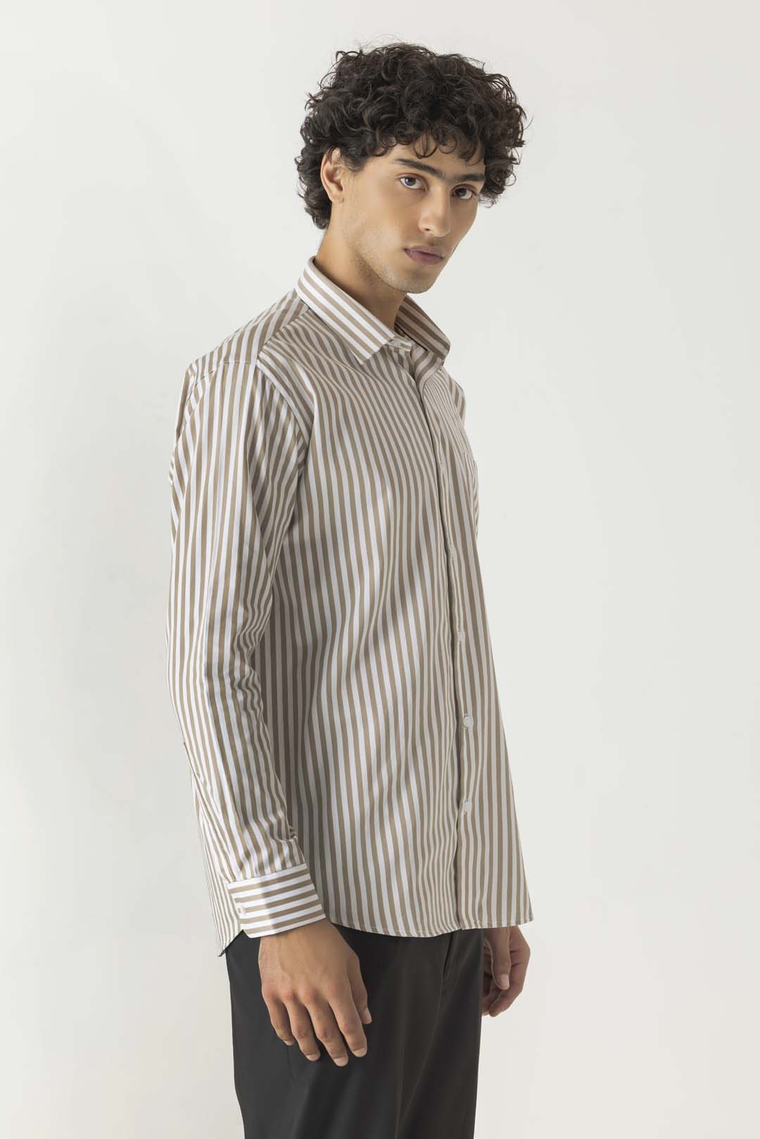 Regular Collar Stripe Print Beige Colour Slim Fit Full Sleeve Shirt