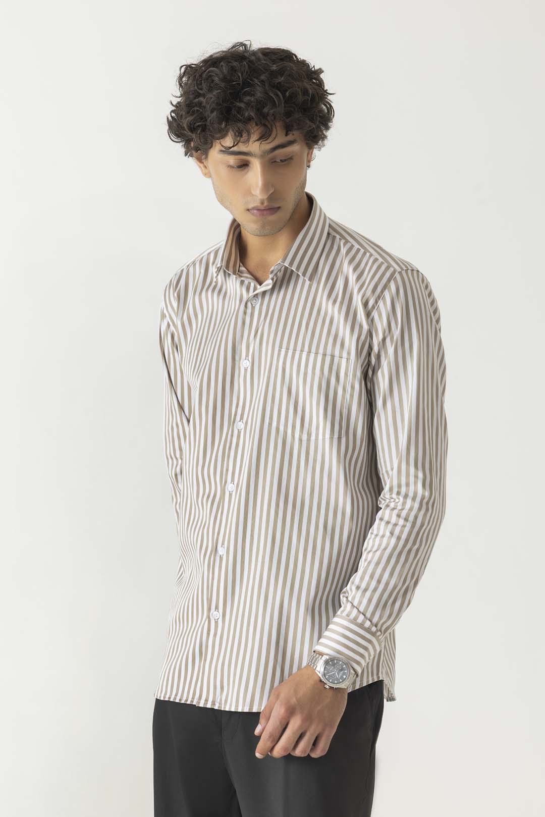 Regular Collar Stripe Print Beige Colour Slim Fit Full Sleeve Shirt