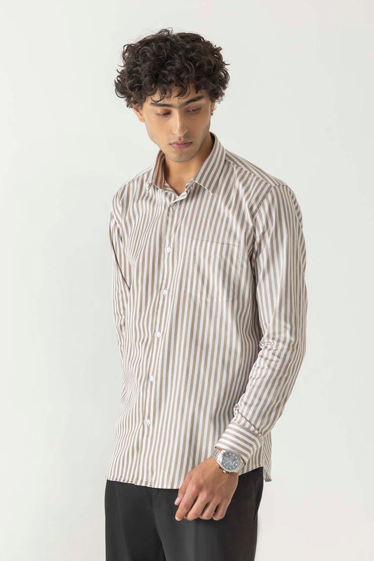 Regular Collar Stripe Print Beige Colour Slim Fit Full Sleeve Shirt