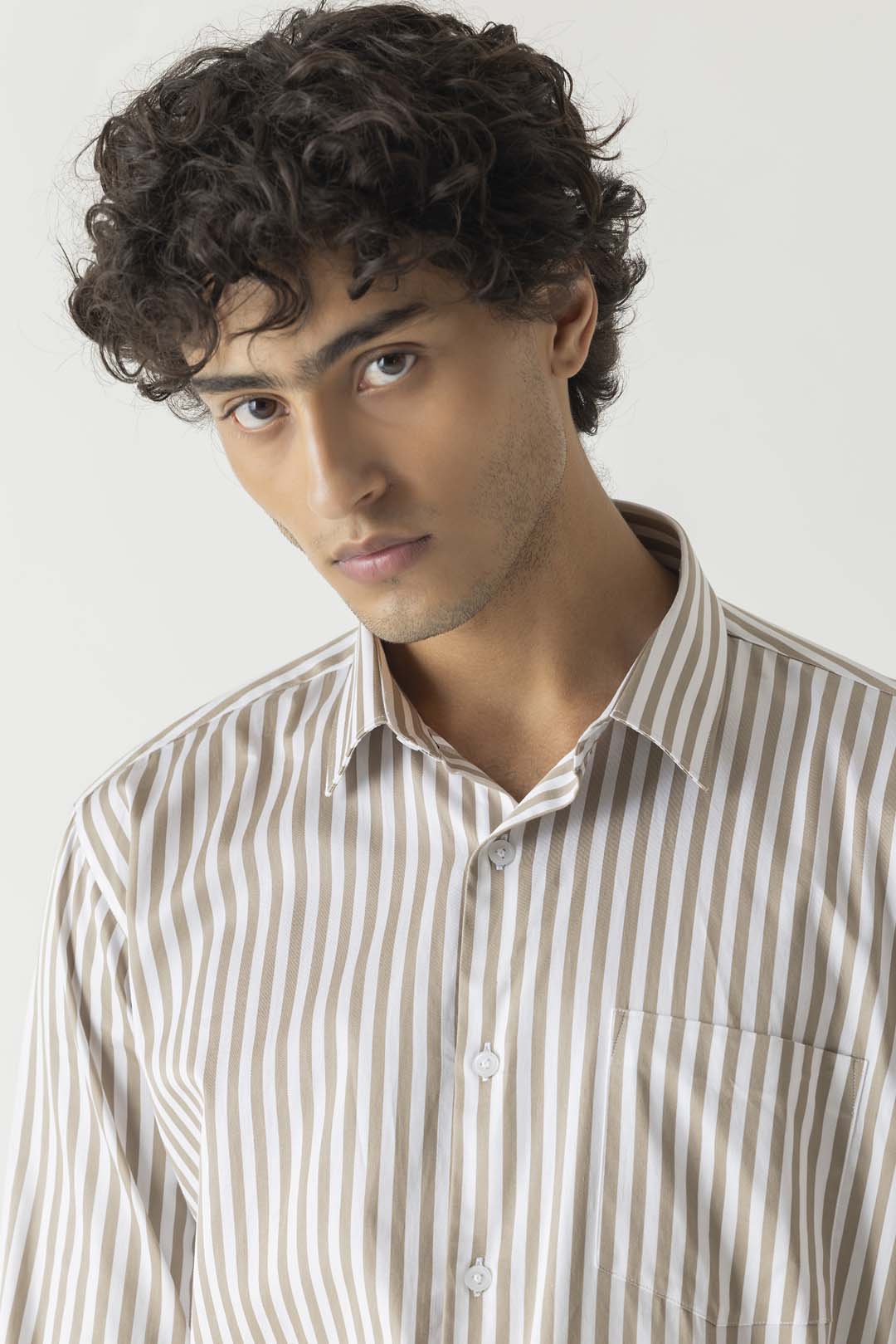 Regular Collar Stripe Print Beige Colour Slim Fit Full Sleeve Shirt