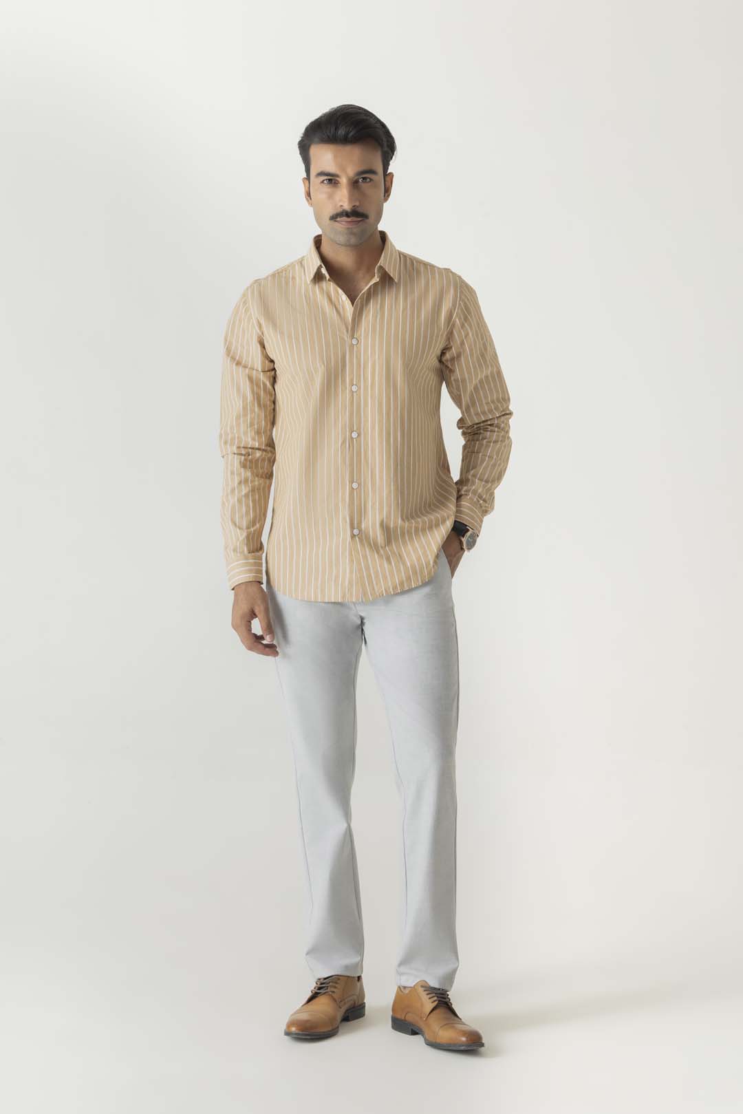 Cotton Khaki Stripe Regular Fit Shirt