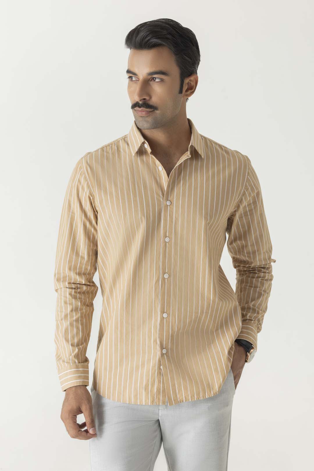 Cotton Khaki Stripe Regular Fit Shirt
