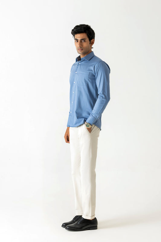 Cotton Denim Sky Stripe Slim Fit Shirt