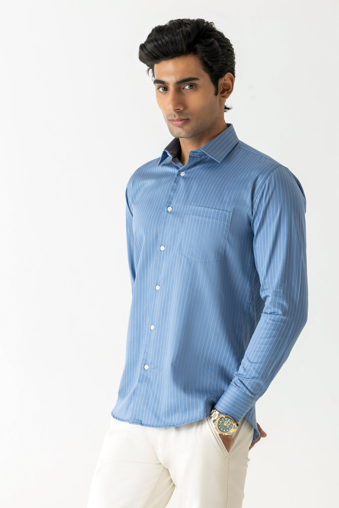 Cotton Denim Sky Stripe Slim Fit Shirt