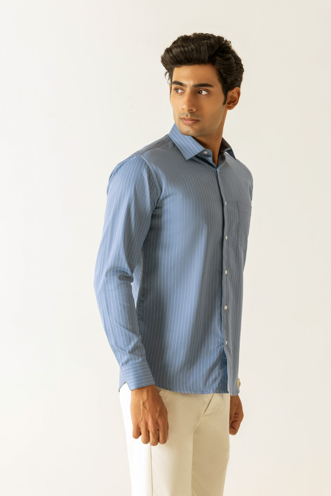 Cotton Denim Sky Stripe Slim Fit Shirt