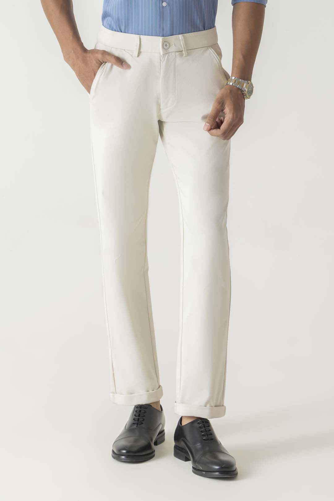 Natural Fiber Ecru Slim Fit Adjustable Waistband Trouser