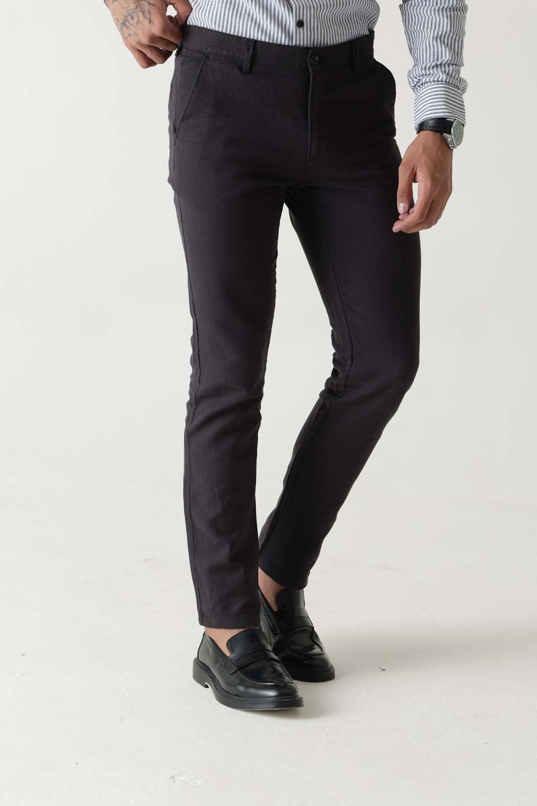 Linen Cotton Black Slim Straight Regular Belt Trouser