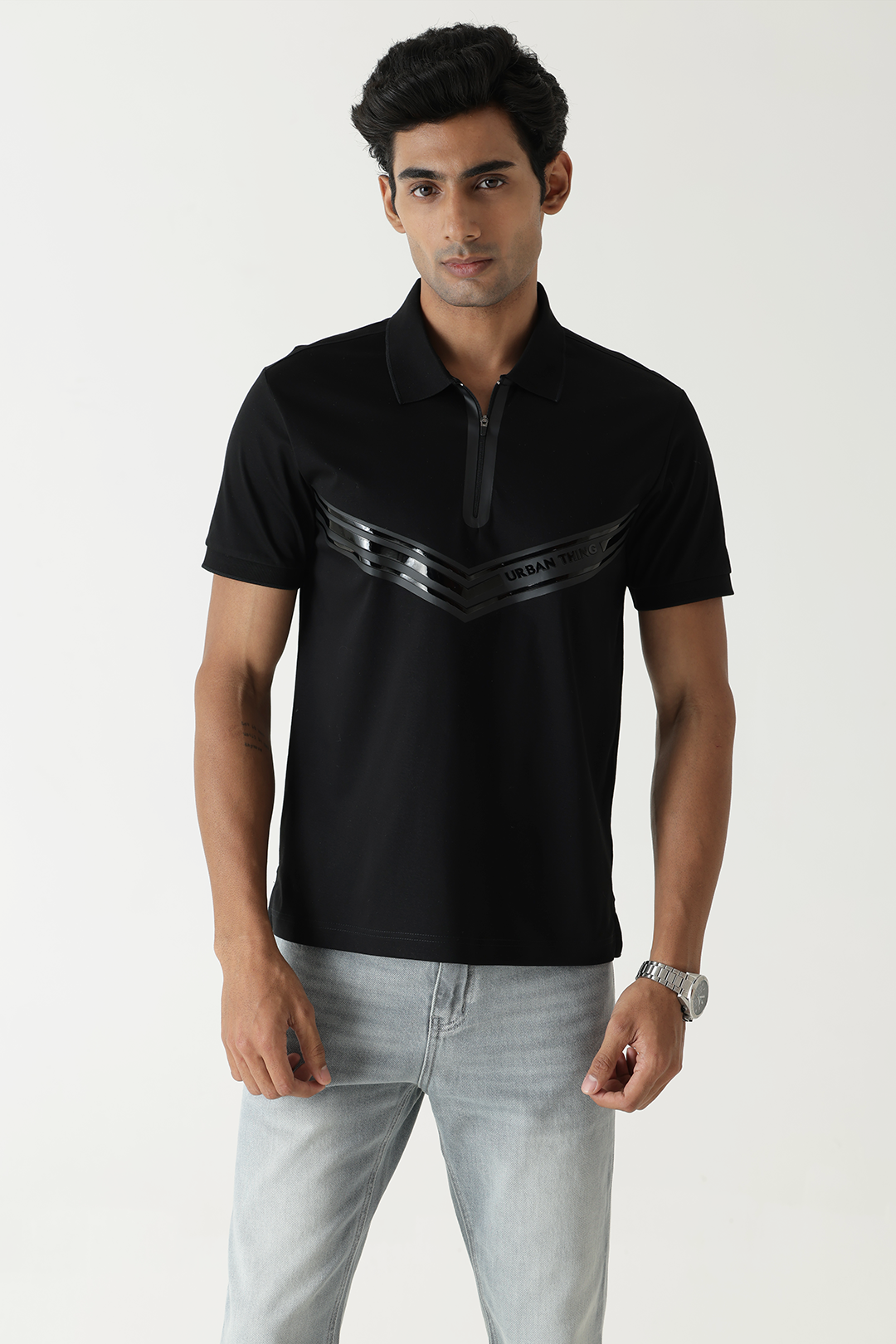 Zip Placket Chest Branding Black Colour Polo T-Shirt