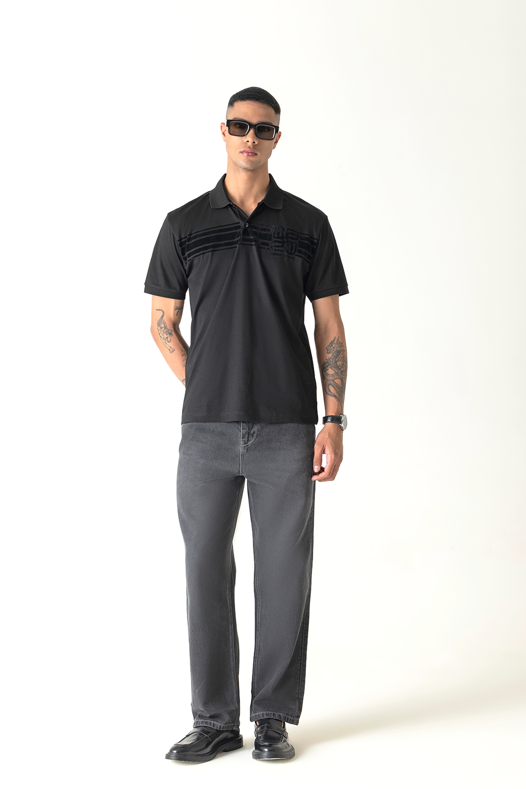 Black Mercerised Cotton Regular Fit Flock Tonal Print Polo T-Shirt